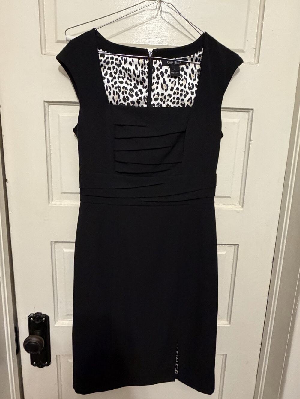 White House Black Market Sheath Dress Womens 4 Black Leopard Lined Square Neck